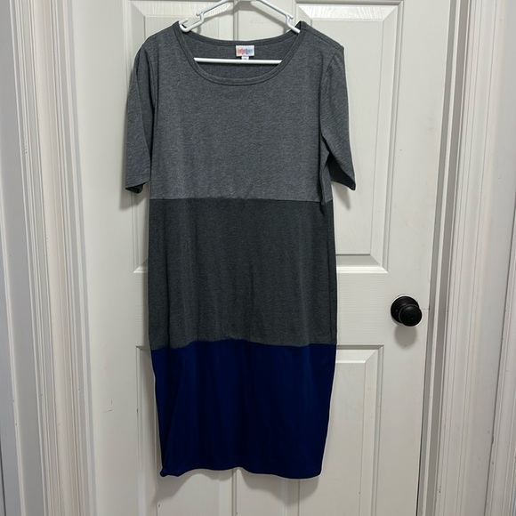 LuLaRoe Dresses & Skirts - Lularoe Julia Dress Women’s  L- Gray & Deep Royal Blue Color Block